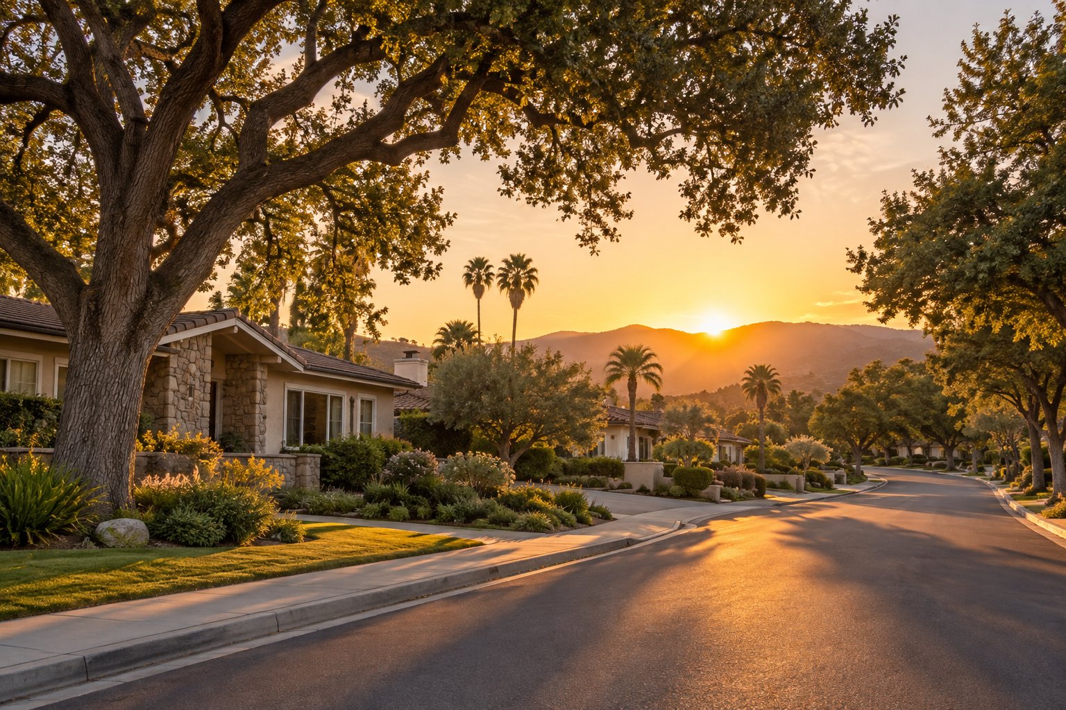 A Conejo Valley neighborhood street at golden hour, illustrative